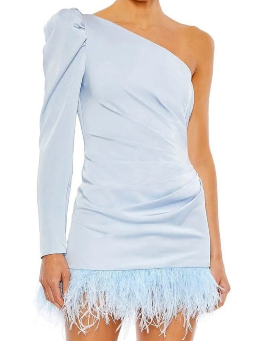 Mac Duggal Feather Trim One Shoulder Draped Mini Dress Powder Blue Formal NWT